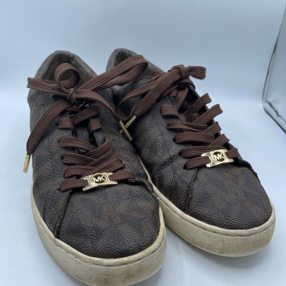Michael Kors Boerum Sneaker Shoe 7 Signature MK Print Low Top Brown Gold Logo